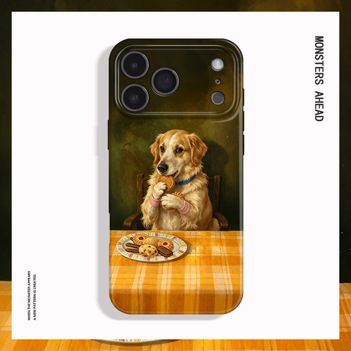 复古油画金毛吃饼干适用苹果18 17 15 14 13 12 11手机壳nova16华为mate80 p70 60 50 40 30一加15T红米K90软