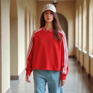 加厚圓領三條杠美式 上衣運動服 新款 阿迪達斯三葉草紅色衛衣女冬季
