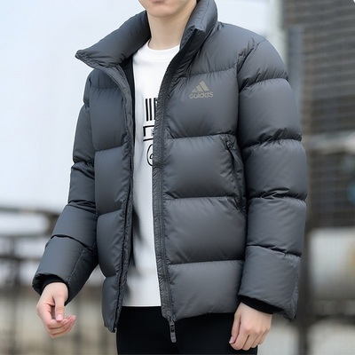 adidas男士短款羽绒服立领保暖面包服阿迪达斯运动外套灰色冬季