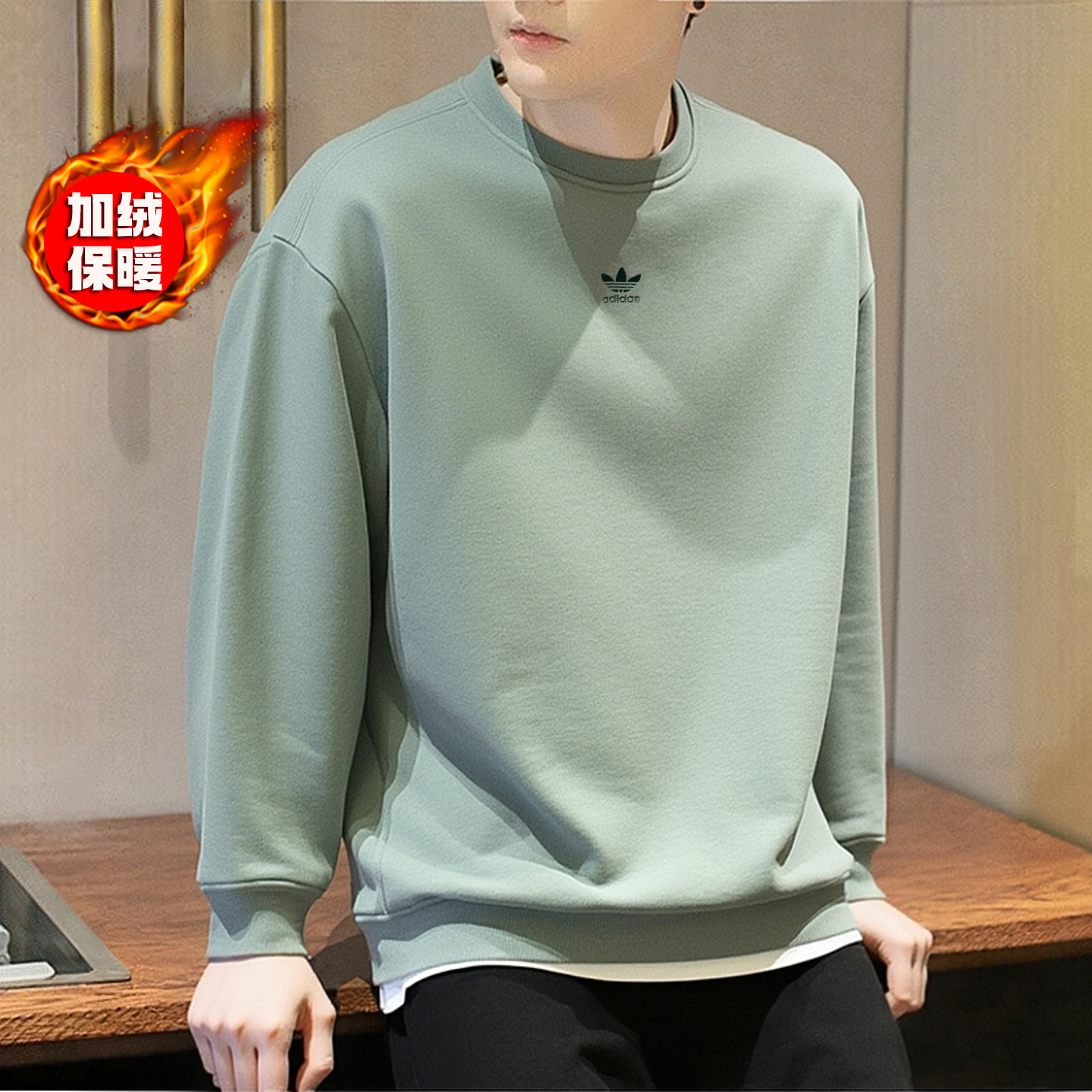阿迪达斯三叶草加绒卫衣男冬季新款浅绿美式宽松加厚上衣男运动服