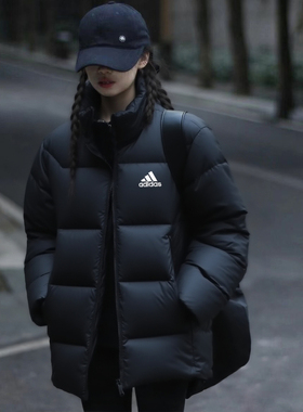 阿迪达斯羽绒服女冬季新款黑色复古鸭绒保暖立领加厚外套女KF8760