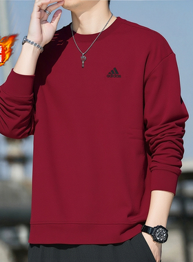 阿迪达斯红色卫衣男冬季新款加绒宽松套头衫圆领运动服打底上衣