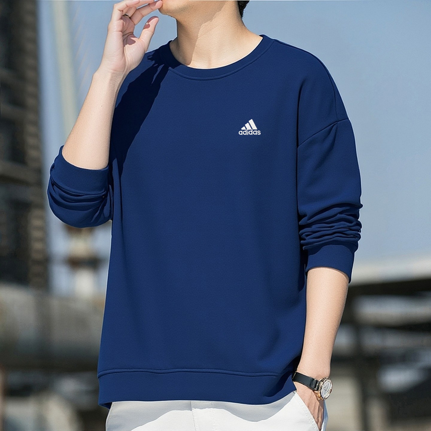 阿迪达斯蓝色卫衣男新款复古纯色棉上衣宽松大码运动服休闲打底衫