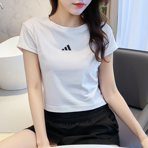 阿迪达斯白色正肩短袖t恤女夏新款修身短款上衣高腰露脐棉透气t恤