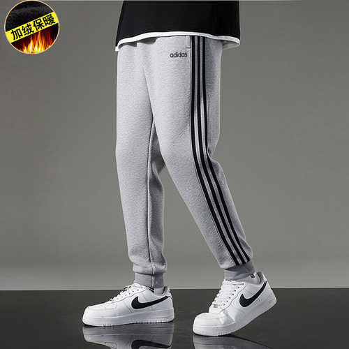 阿迪达斯三条纹灰色男裤子秋冬加绒保暖收口跑步运动裤户外长裤