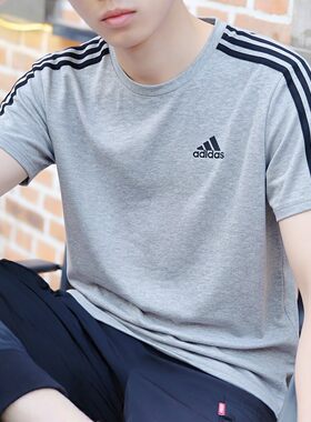 阿迪达斯短袖男夏季新款复古篮球运动棉三条杠宽松半袖男士灰T恤