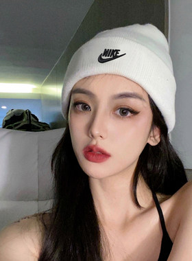 NIKE耐克白色针织帽男女冬季新款美式冷帽骑行护耳运动情侣毛线帽