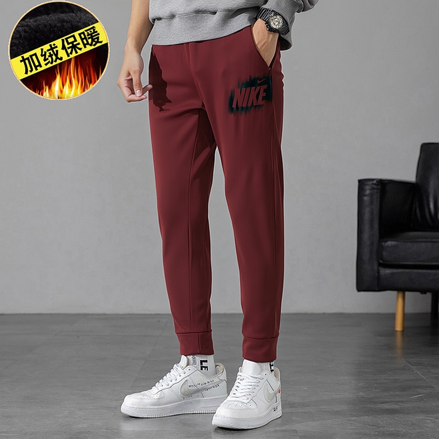 耐克官方正品加绒红色长裤小脚裤
