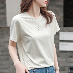 纯色简约百搭半袖 新款 上衣棉质透气休闲T恤女 女夏季 阿迪达斯短袖