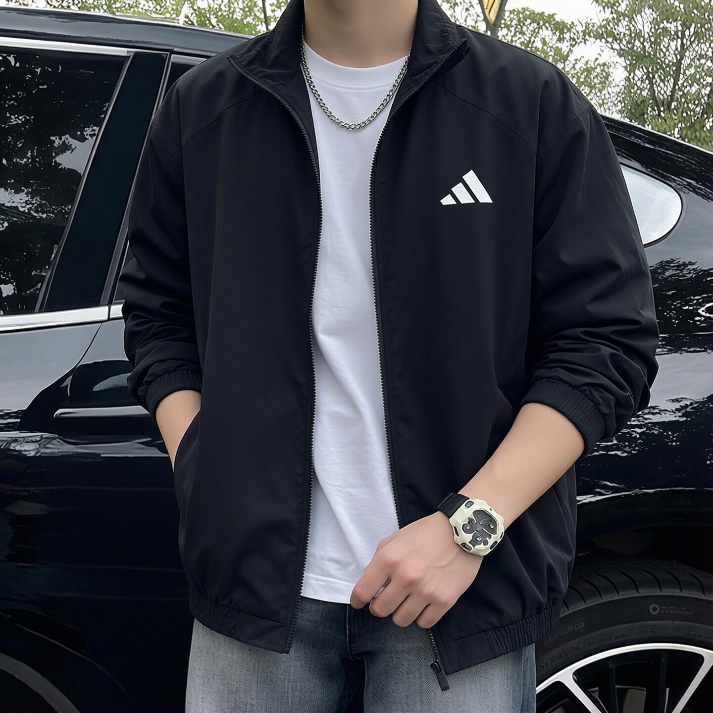 阿迪达斯梭织外套男秋季新款立领夹克休闲宽松防风衣美式棒球服男