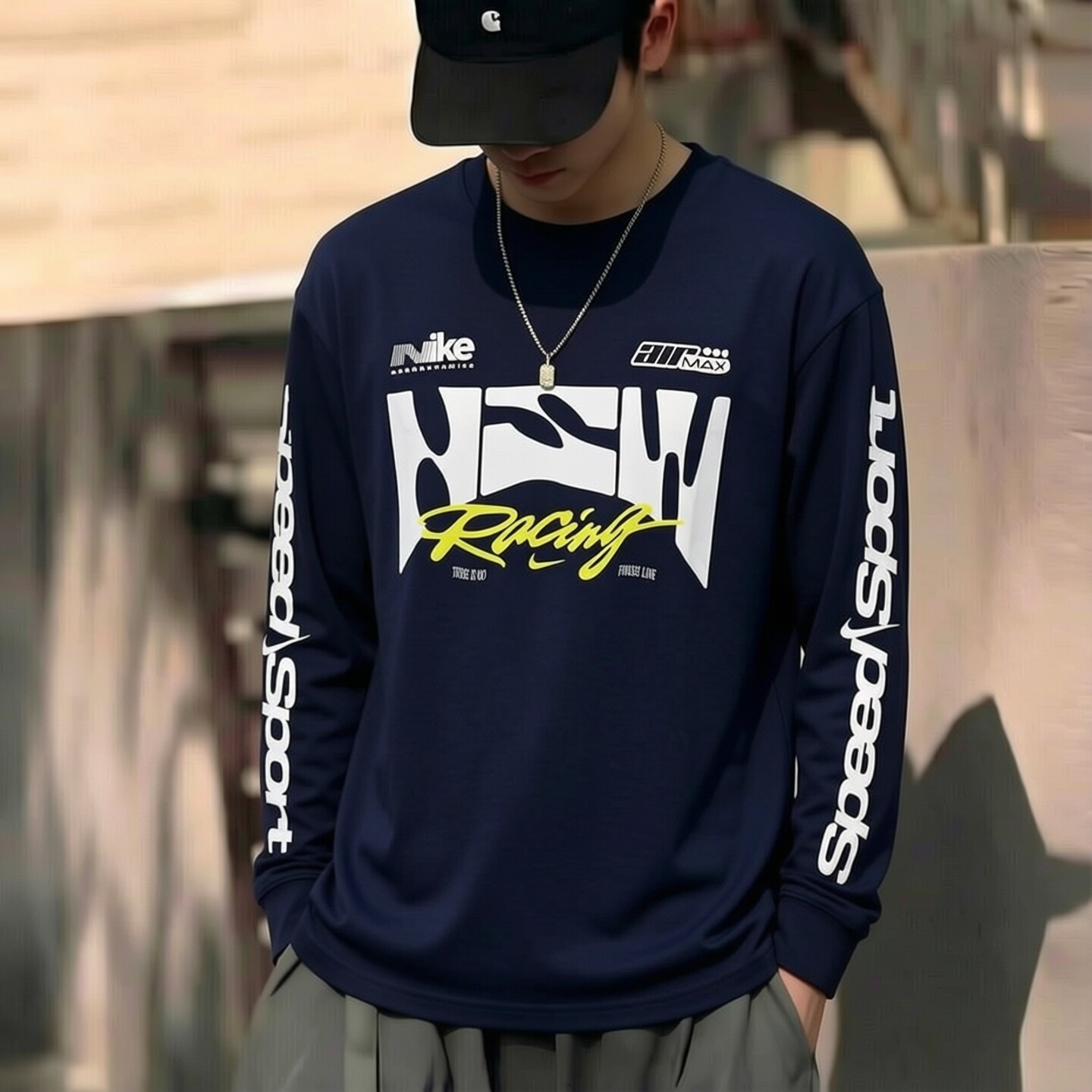 Nike耐克薄款长袖T恤潮流时尚运动服男子纯棉上衣新款赛车休闲装