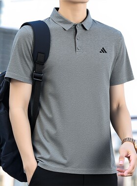 阿迪达斯灰色POLO衫男夏季速干高尔夫运动短袖翻领T恤休闲上衣