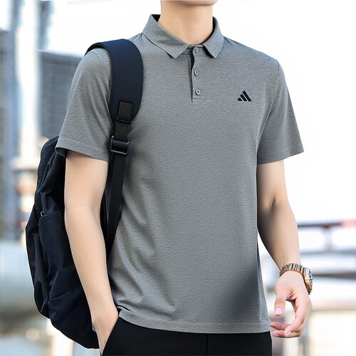 阿迪达斯灰色POLO衫男夏季速干高尔夫运动短袖翻领T恤休闲上衣