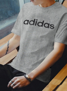 阿迪达斯灰色短袖男装夏季新款大LOGO休闲体恤宽松棉质T恤DU0409