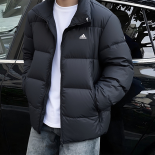 阿迪达斯黑色羽绒服男冬季新款立领保暖鸭绒面包服男士加厚外套