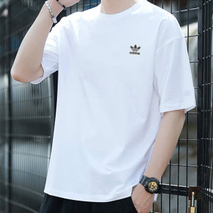 男夏季 美式 新款 半袖 T恤 纯棉运动宽松大码 阿迪达斯三叶草白色短袖