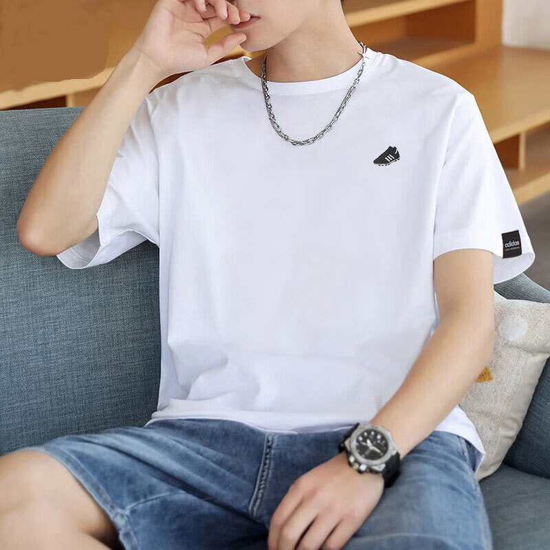 阿迪达斯短袖男夏季新款宽松运动服美式篮球半袖透气白色纯棉T恤
