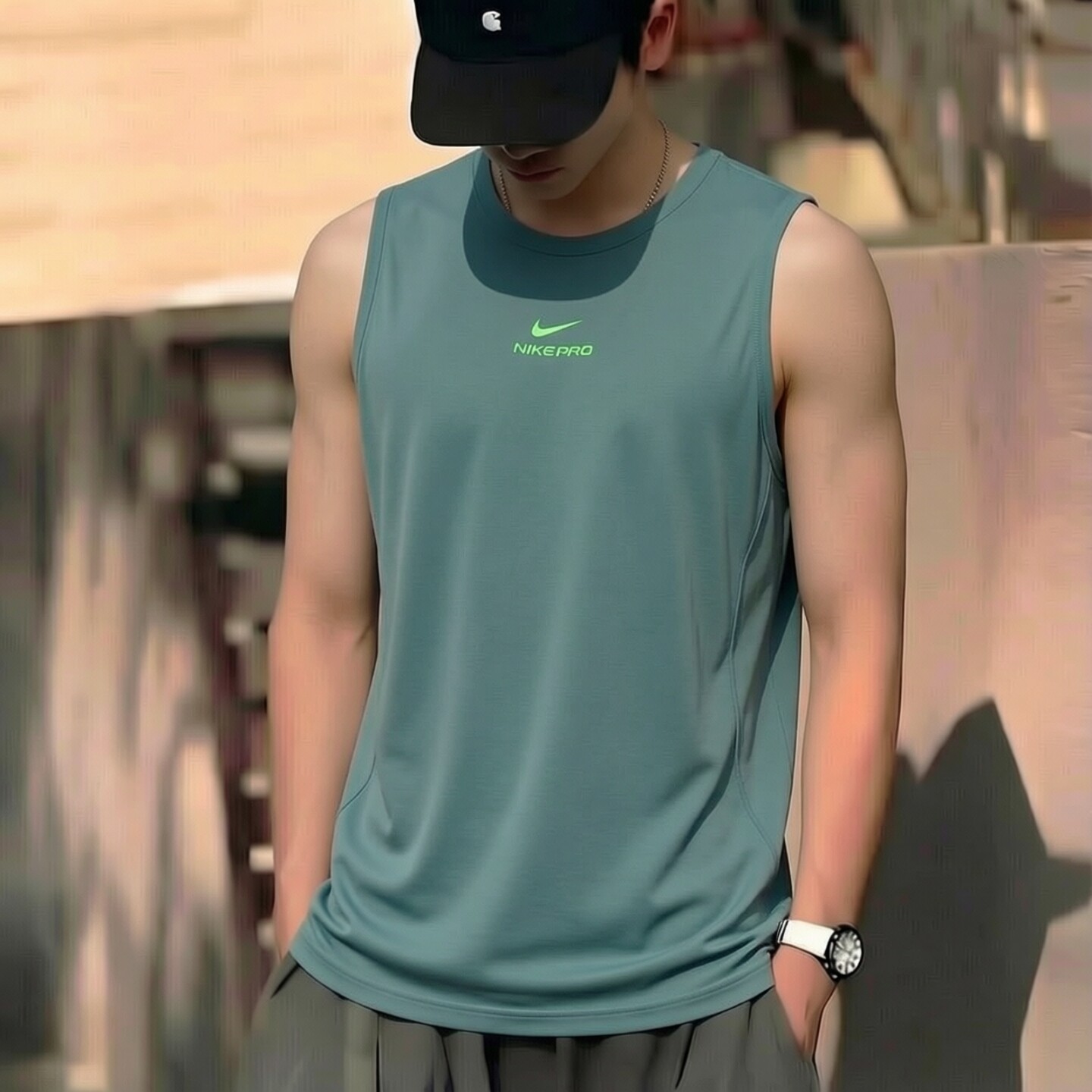 Nike耐克灰绿色速干背心训练健身T恤男子修身运动服新款透气上衣