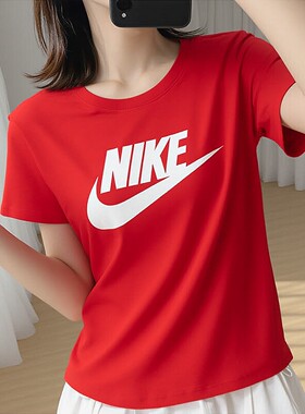 Nike耐克2026年新款红色短袖纯棉女子T恤透气运动上衣健身休闲装