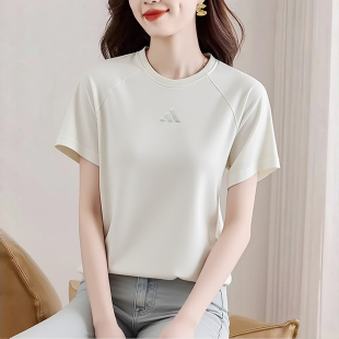 简约短袖 阿迪达斯T恤女夏季 上衣透气百搭半袖 纯棉米白半袖 女 新款