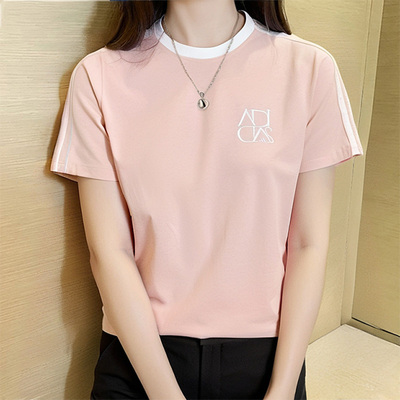 阿迪达斯粉色短袖女夏季新款三条纹透气休闲棉质运动T恤JY7628