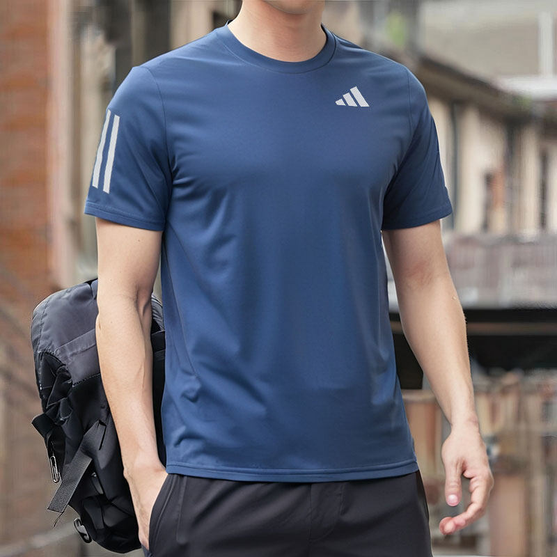 阿迪达斯速干短袖男夏季新款蓝色健身衣凉感冰丝上衣男士运动T恤