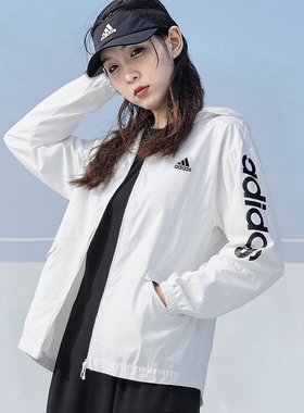 阿迪达斯外套女春季新款梭织薄款防风衣宽松连帽运动服夹克GL0647