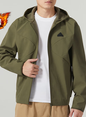 阿迪达斯外套男秋季新款加绒防风衣男士绿色夹克加厚运动服IJ6091