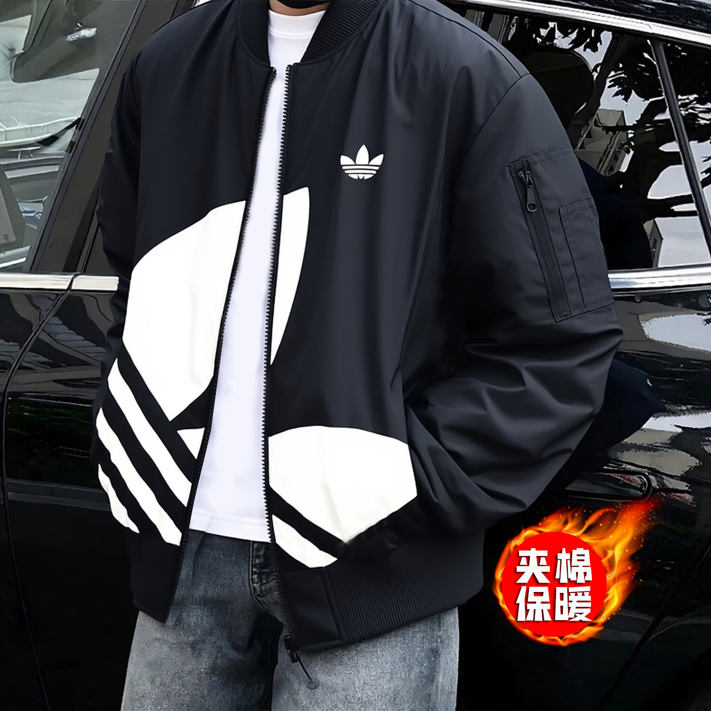 加厚棒球服男冬季新款三叶草棉服美式复古黑色夹克阿迪达斯棉外套