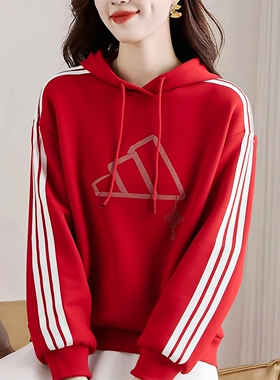 阿迪达斯卫衣女冬季新款针织运动服宽松连帽红色新年套头衫JZ1636