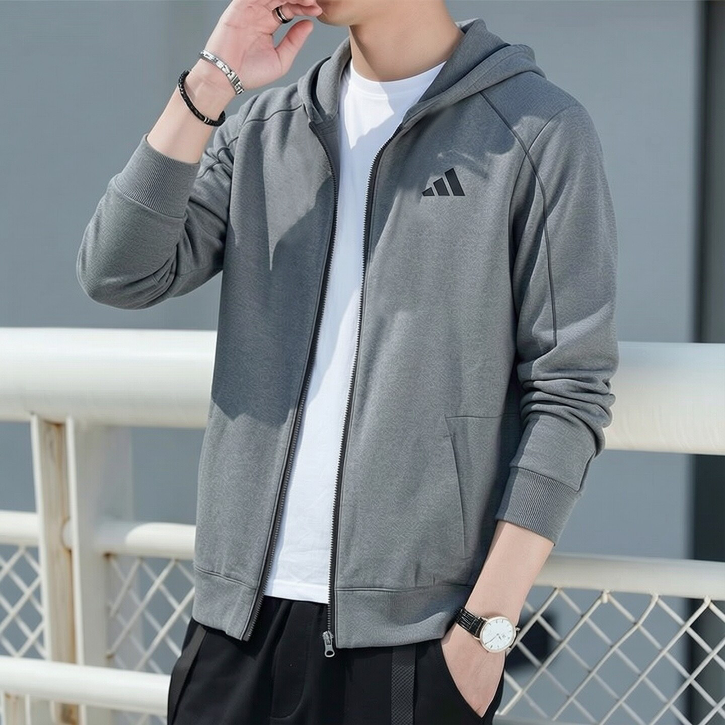 阿迪达斯灰色外套男春季新款薄款透气针织训练防风夹克运动连帽衫