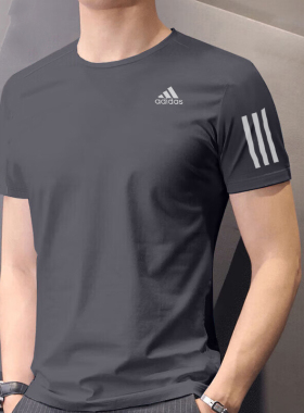 阿迪达斯男灰色运动短袖跑步反光训练运动服男士速干透气T恤薄款