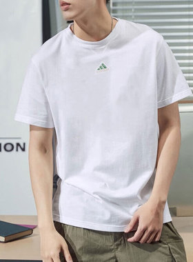 阿迪达斯T恤男夏季新款宽松半袖美式纯色运动复古棉白短袖IR8400