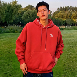阿迪达斯三叶草红色卫衣男冬季新款加厚连帽衫宽松大码篮球运动服