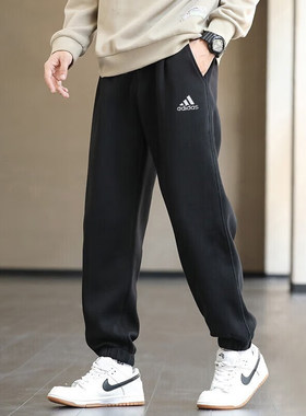 阿迪达斯加厚男裤秋季新款运动裤宽松针织纯棉休闲裤防风保暖长裤