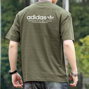 绿色半袖 阿迪达斯三叶草短袖 美式 新款 复古休闲宽松纯棉T恤 男夏季