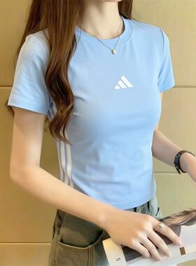 阿迪达斯蓝色短袖女t恤夏季新款美式纯色复古辣妹修身上衣JE1241