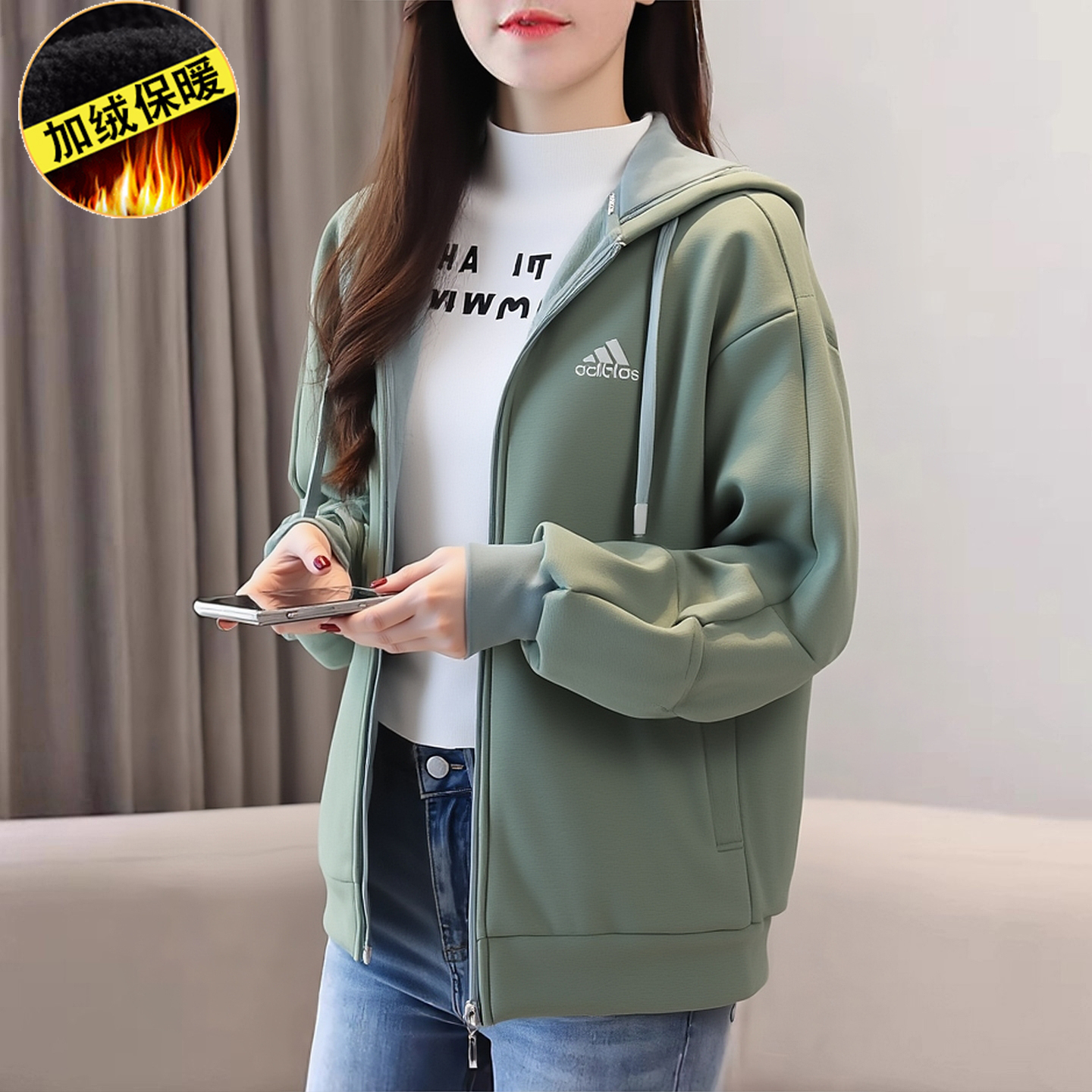 阿迪达斯外套女装秋季新款连帽夹克加绒加厚针织运动休闲夹克开衫