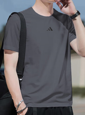 阿迪达斯灰色T恤男装夏季新款运动服速干透气跑步训练健身短袖