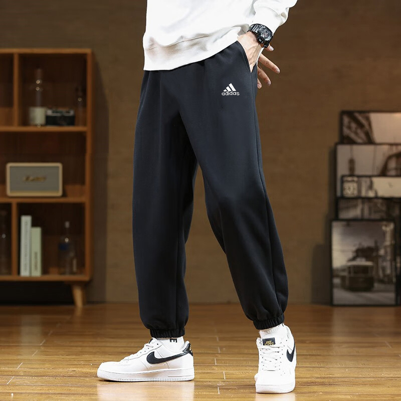 阿迪达斯加厚男裤秋季新款休闲针织篮球卫裤运动裤收口束脚长裤