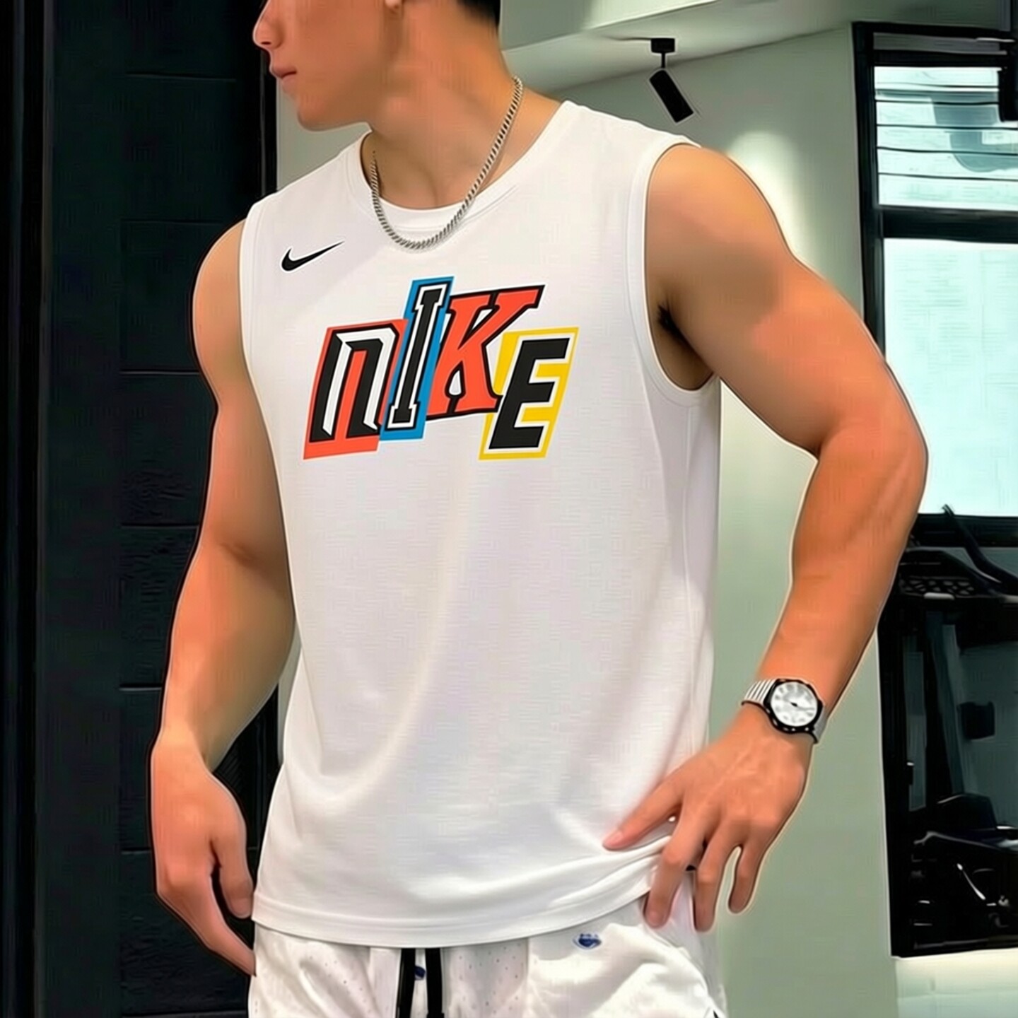 Nike耐克潮流健身T恤针织速干背心新款男子运动服白色跑步薄上衣