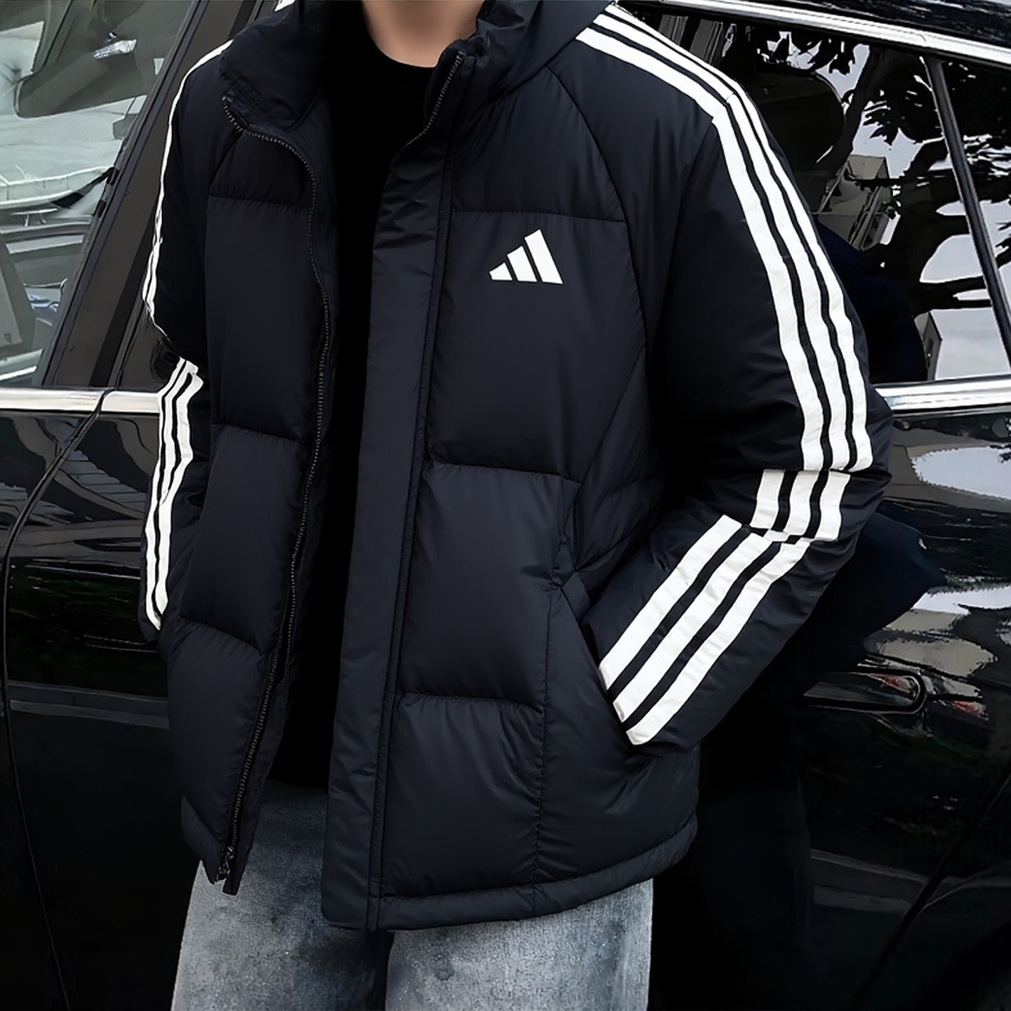 阿迪达斯羽绒服男冬季新款立领保暖鸭绒美式三条杠拒水加厚面包服