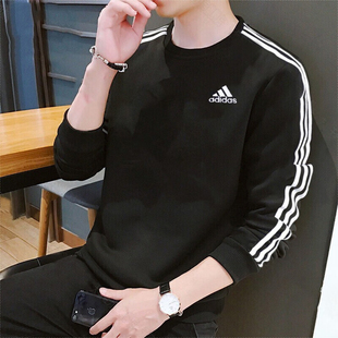 阿迪达斯加绒卫衣男冬季新款加厚三条杠打底衫宽松外套男士套头衫