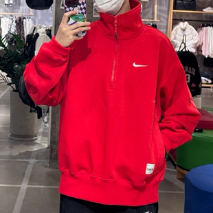 Nike耐克25年新款红色卫衣男正品半拉链加绒外套针织套头衫运动装