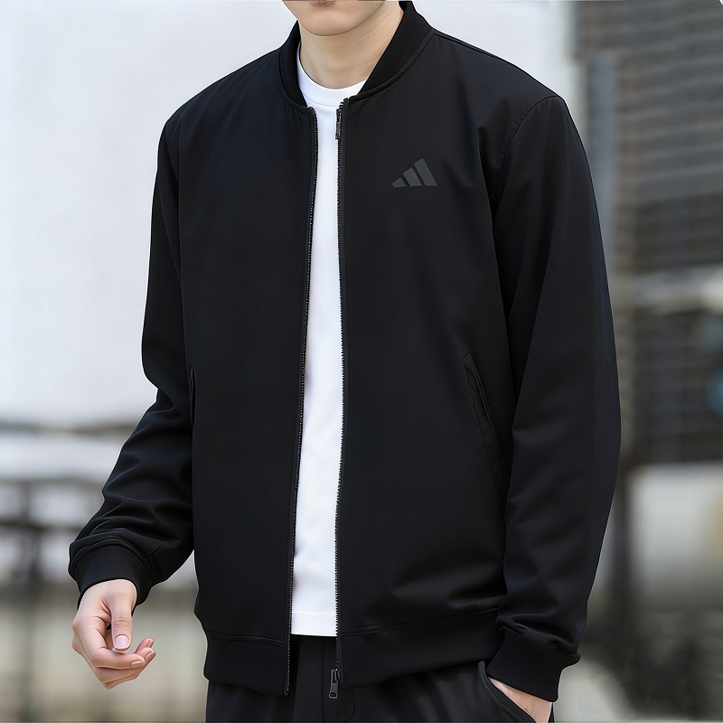 阿迪达斯休闲风男士V领夹克秋季新款棒球服时尚百搭梭织运动茄克