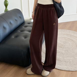 阿迪达斯丝绒长裤女冬季新款美式复古棕色运动裤宽松保暖直筒裤女
