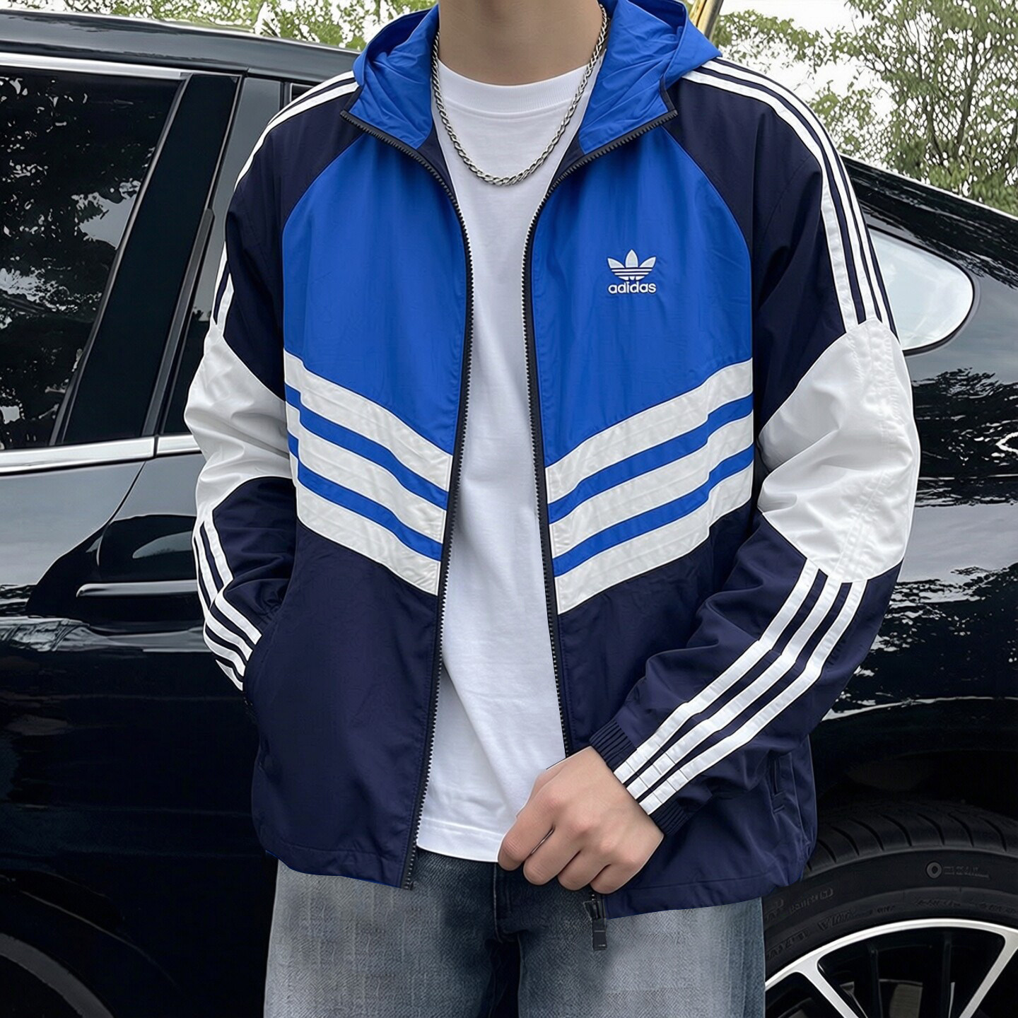 阿迪达斯三叶草梭织外套男秋新款连帽撞色复古美式宽松防风棒球服