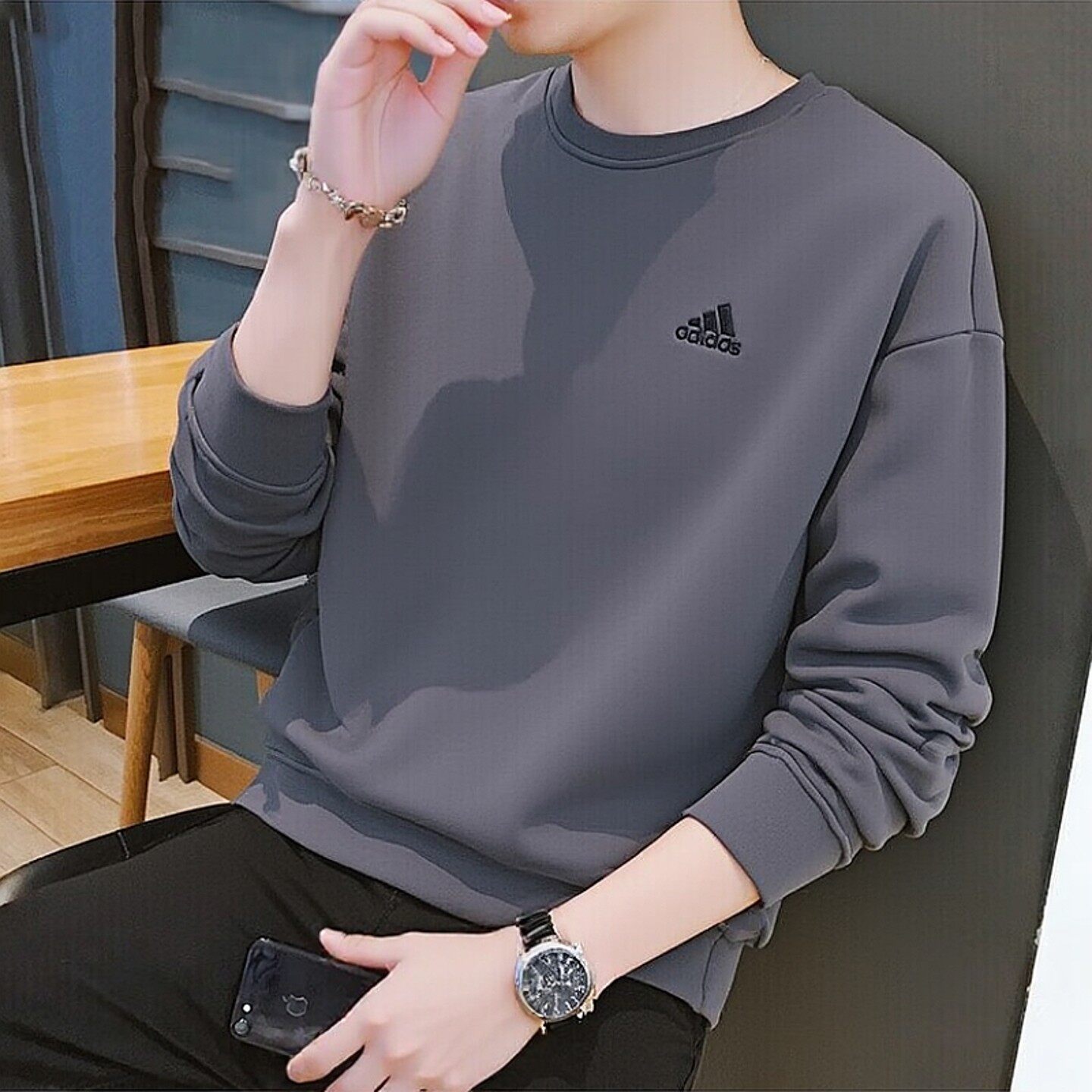 阿迪达斯灰色卫衣男新款复古宽松打底衫针织圆领运动服休闲上衣