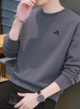阿迪达斯灰色卫衣男新款复古宽松打底衫针织圆领运动服休闲上衣