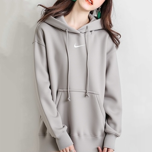 耐克宽松卫衣女装保暖上衣浅色加绒加厚跑步连帽Nike运动外套